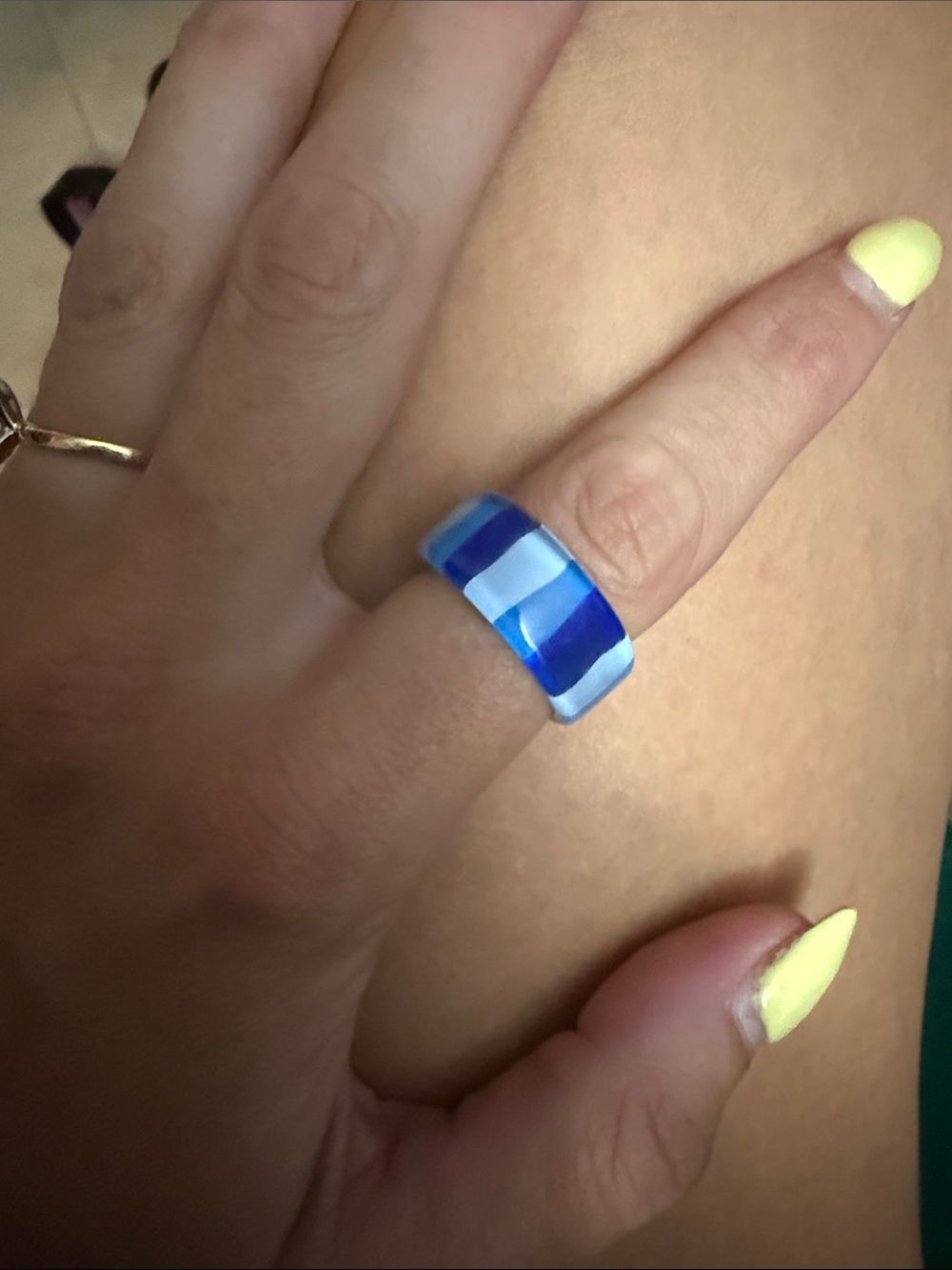 Blue Striped Acrylic Ring FUN Jewelry Size 6